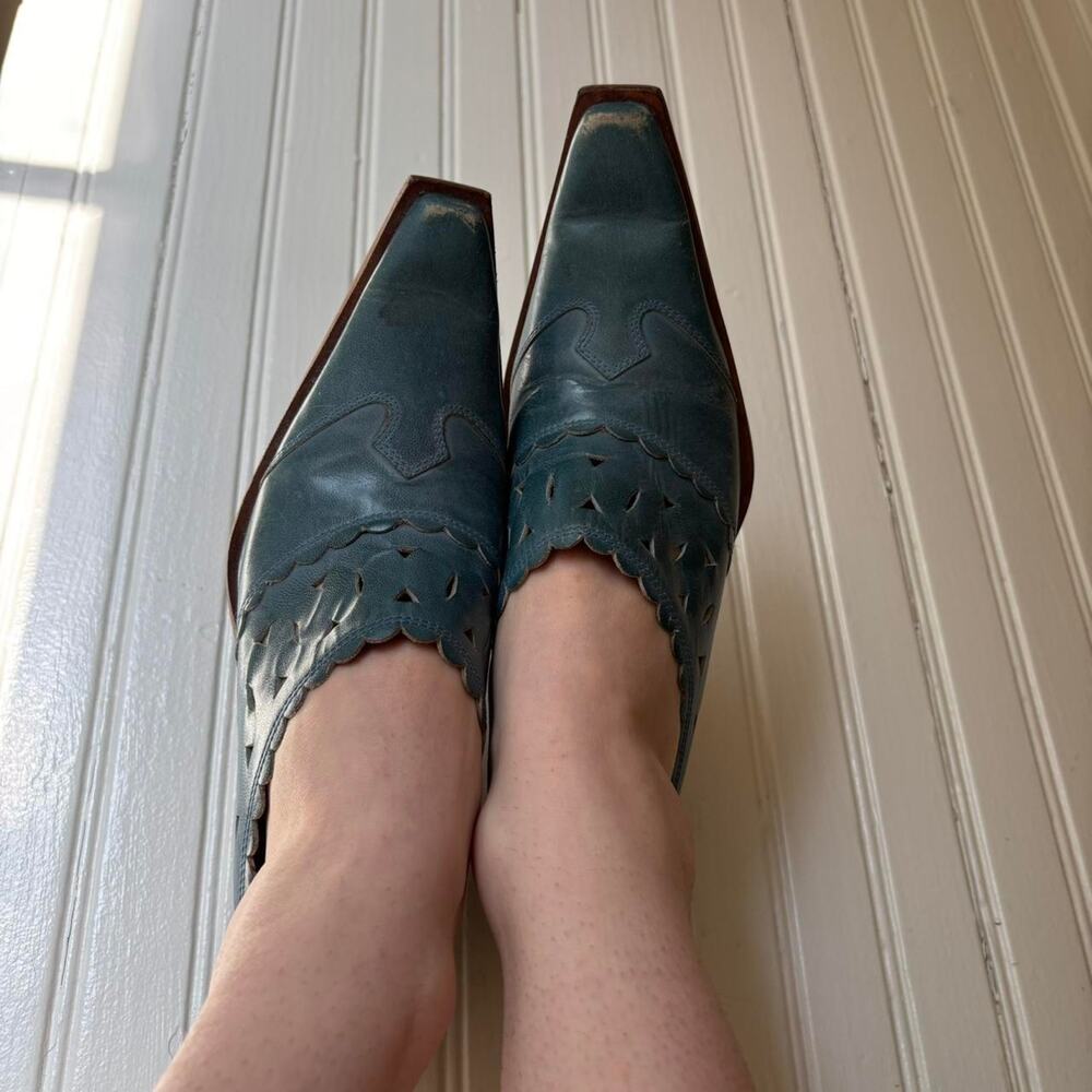 Vintage Hotkiss 90s Blue Leather Western Mules 5.5 Cowgirl